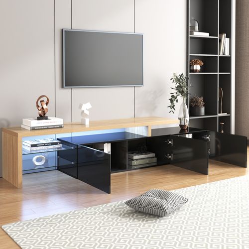 Meuble TV Noir Brillant, Aspect Bois, Étagères En Verre, Éclairage LED, Dimensions 197x39x42 Cm