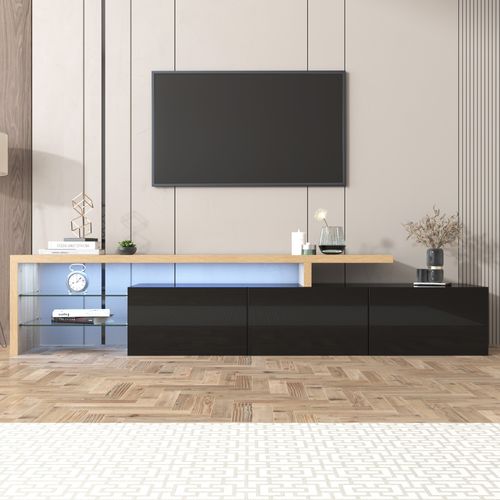 Meuble TV Noir Brillant, Aspect Bois, Étagères En Verre, Éclairage LED, Dimensions 197x39x42 Cm