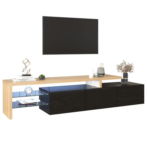 Meuble TV Noir Brillant, Aspect Bois, Étagères En Verre, Éclairage LED, Dimensions 197x39x42 Cm