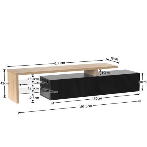 Meuble TV Noir Brillant, Aspect Bois, Étagères En Verre, Éclairage LED, Dimensions 197x39x42 Cm