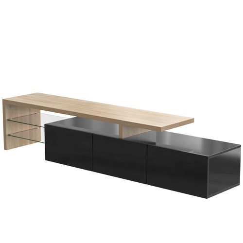 Meuble TV Noir Brillant, Aspect Bois, Étagères En Verre, Éclairage LED, Dimensions 197x39x42 Cm