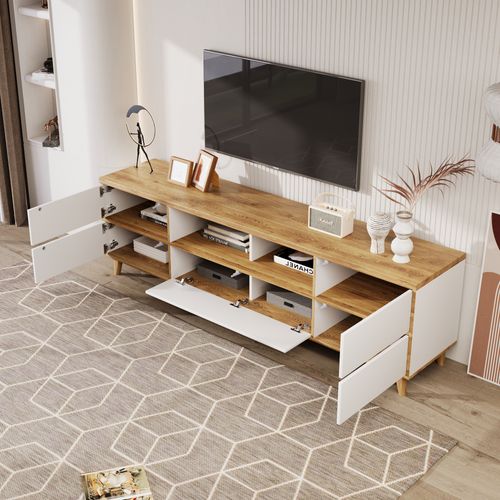 Meuble TV, Lowboard, Meuble De Salon, Compartiments Et Portes, Mdf, Blanc Et Coloris Naturelle