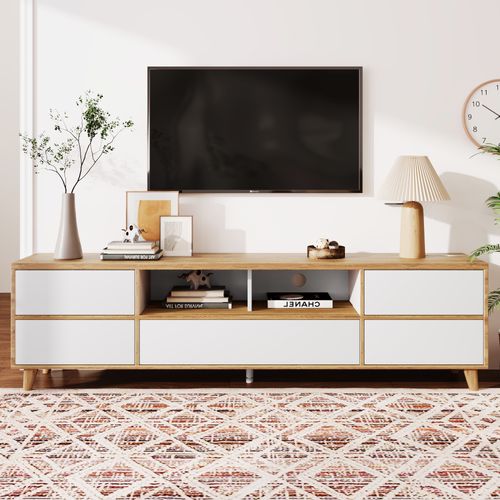Meuble TV, Lowboard, Meuble De Salon, Compartiments Et Portes, Mdf, Blanc Et Coloris Naturelle