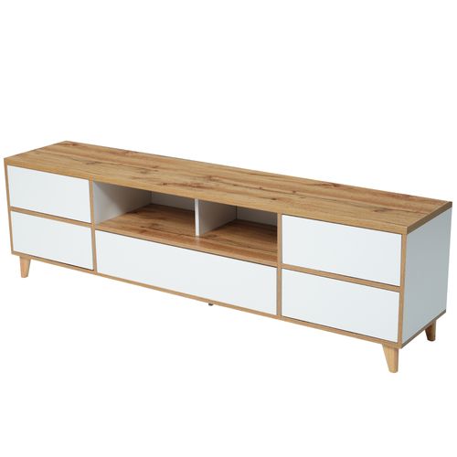 Meuble TV, Lowboard, Meuble De Salon, Compartiments Et Portes, Mdf, Blanc Et Coloris Naturelle