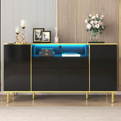 Meuble De Rangement Noir Buffet Avec Quatre Portes Et Deux Tiroirs Armoire LED Moderne, Noir