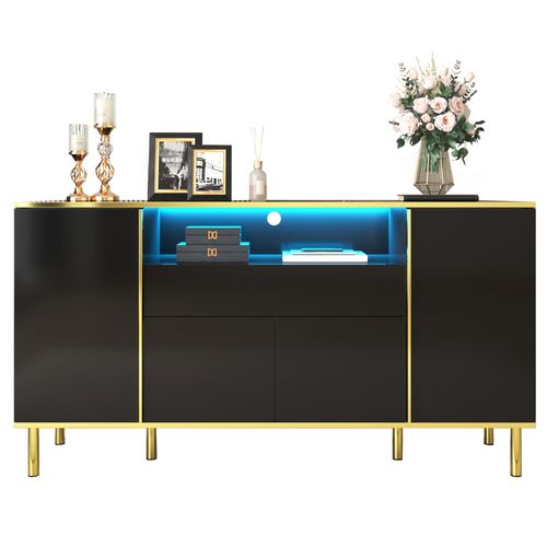 Meuble De Rangement Noir Buffet Avec Quatre Portes Et Deux Tiroirs Armoire LED Moderne, Noir
