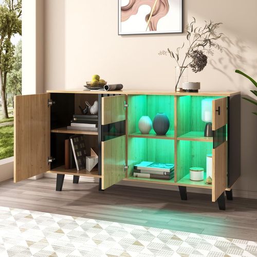Buffet En Bois, Armoire De Rangement à 6 Compartiments, Vitrine Avec LED Et Revêtement En Verre