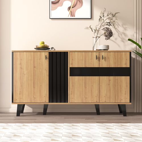 Buffet En Bois, Armoire De Rangement à 6 Compartiments, Vitrine Avec LED Et Revêtement En Verre