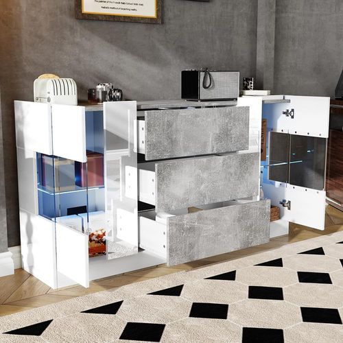 Buffet LED, Armoire Avec 2 Portes Et 3 Tiroirs,panneaux Blancs Brillants Et Extérieur En Marbre Gris