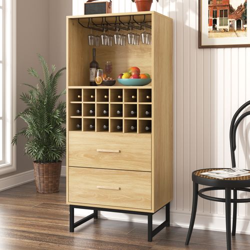 Buffet Salle à Manger Avec Cave à Vin Et Porte Verres Suspendu, Meuble De Rangement Avec 2 Tiroirs