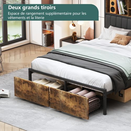 Lit Double 160x200 Cm Avec LED, Cadre Métal, 2 Tiroirs, Tête Avec Rangement, Sommier Lattes