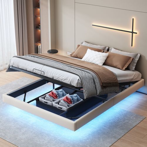 Cadre De Lit 160 X 200 Cm Avec Sommier, Lit Double Avec LED, Cachées Jambes, Beige