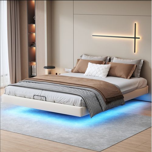 Cadre De Lit 160 X 200 Cm Avec Sommier, Lit Double Avec LED, Cachées Jambes, Beige