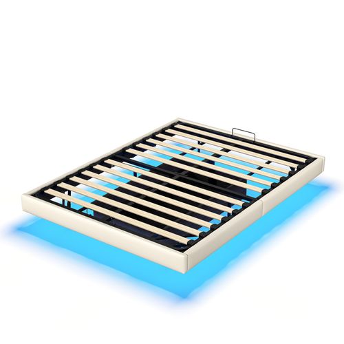 Cadre De Lit 160 X 200 Cm Avec Sommier, Lit Double Avec LED, Cachées Jambes, Beige
