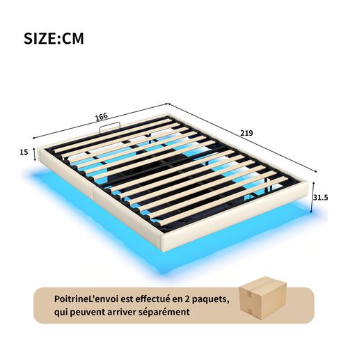 Cadre De Lit 160 X 200 Cm Avec Sommier, Lit Double Avec LED, Cachées Jambes, Beige