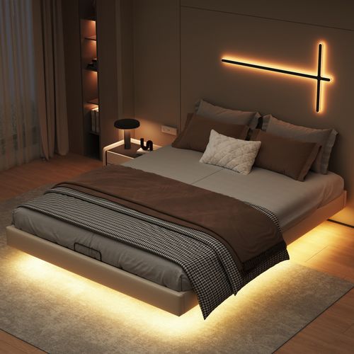 Cadre De Lit 160 X 200 Cm Avec Sommier, Lit Double Avec LED, Cachées Jambes, Beige