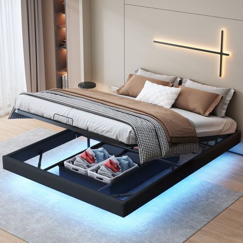Cadre De Lit 160 X 200 Cm Avec Sommier, Lit Double Avec LED, Cachées Jambes, Noir