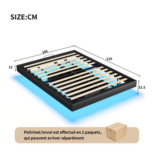 Cadre De Lit 160 X 200 Cm Avec Sommier, Lit Double Avec LED, Cachées Jambes, Noir