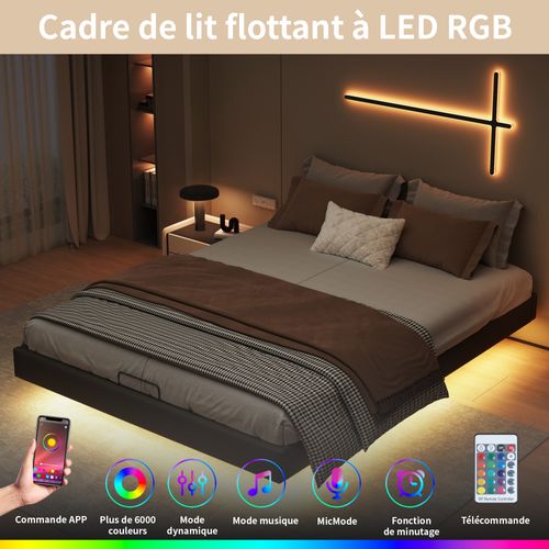 Cadre De Lit 160 X 200 Cm Avec Sommier, Lit Double Avec LED, Cachées Jambes, Noir