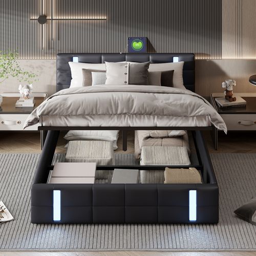 Lit Coffre 140x200 Cm Avec USB Et Type-c,led,lit Capitonné Avec Rangement,hydraulique Lit, Pu