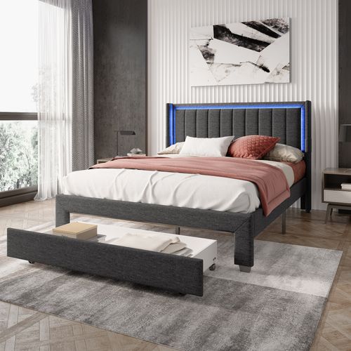 Lit 160x200 Cm Avec Sommier à Lattes Et Tiroir, Lit Rembourré Avec USB Et LED, Gris