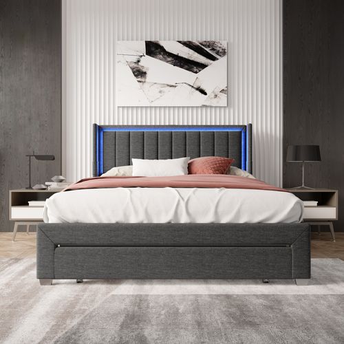 Lit 160x200 Cm Avec Sommier à Lattes Et Tiroir, Lit Rembourré Avec USB Et LED, Gris