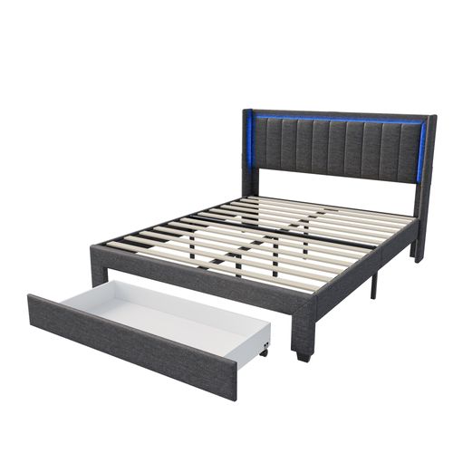 Lit 160x200 Cm Avec Sommier à Lattes Et Tiroir, Lit Rembourré Avec USB Et LED, Gris