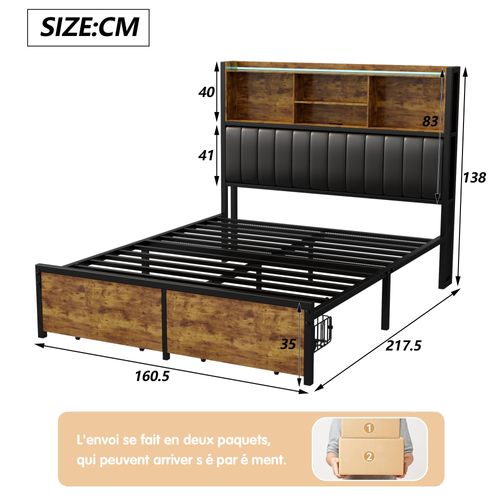 Lit Coffre 160x200 Avec LED Et 2 Tiroirs, Lit Capitonné Avec Sommier à Lattes,lit Double,cadre Métal