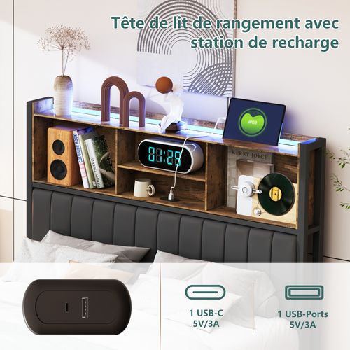 Lit Coffre 160x200 Avec LED Et 2 Tiroirs, Lit Capitonné Avec Sommier à Lattes,lit Double,cadre Métal