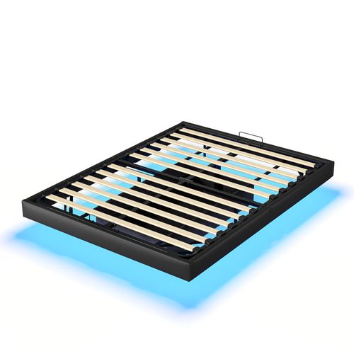 Lit Coffre 140x200 Avec Éclairage LED, Lit Capitonné Avec Sommier à Lattes, Lit Double, Noir