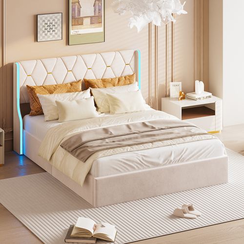 Lit Coffre 160x200 Avec Rangement Et LED, Lit Capitonné Avec Sommier à Lattes, Lit Double, Beige
