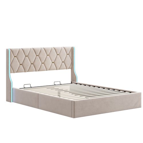 Lit Coffre 160x200 Avec Rangement Et LED, Lit Capitonné Avec Sommier à Lattes, Lit Double, Beige