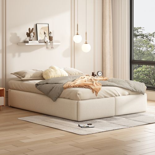 Lit Coffre 140x200 Avec 2 Tiroir, Lit Plate-forme Avec Sans Tête De Lit, Lit Double, Beige