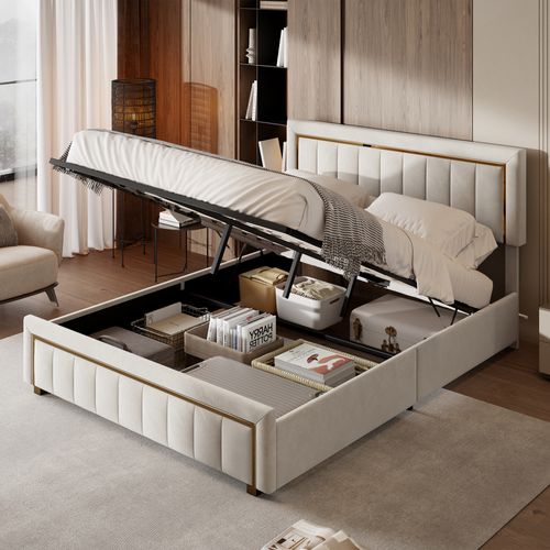 Lit Coffre 160x200 Avec Tête De Lit, Lit Capitonné Avec Sommier à Lattes, Lit Double, Beige