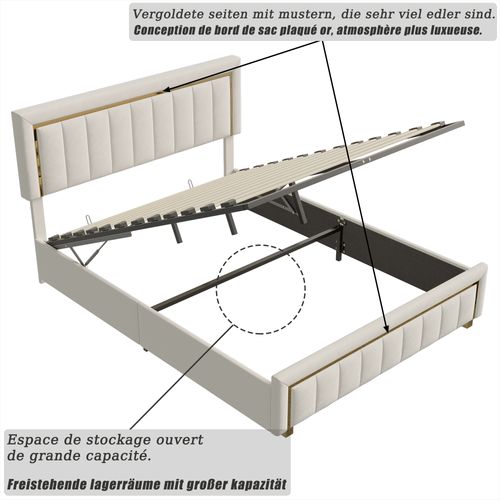 Lit Coffre 160x200 Avec Tête De Lit, Lit Capitonné Avec Sommier à Lattes, Lit Double, Beige