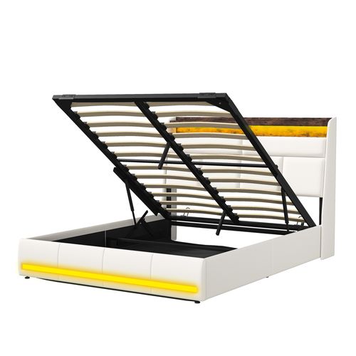 Lit Coffre 160x200 Avec USB Et LED, Lit Capitonné Avec Sommier à Lattes, Lit Double, Blanc