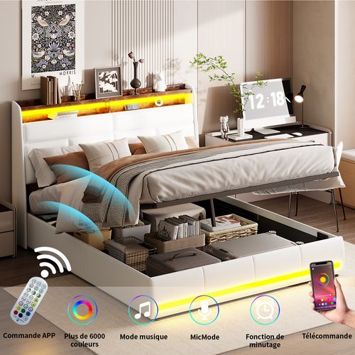 Lit Coffre 160x200 Avec USB Et LED, Lit Capitonné Avec Sommier à Lattes, Lit Double, Blanc