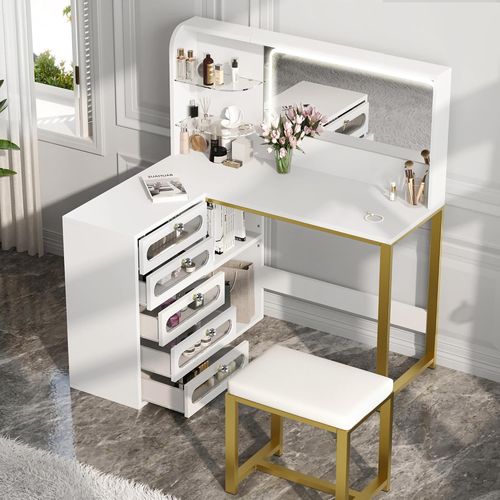 Coiffeuse Avec Tabouret, Miroir HD Et Lumières LED Réglables, Prise De Courant, 5 Tiroirs, Blanc