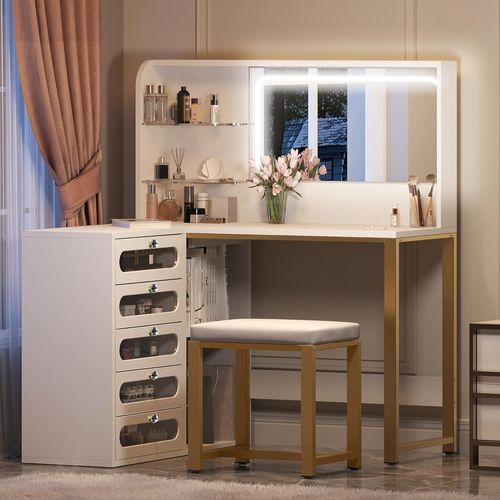 Coiffeuse Avec Tabouret, Miroir HD Et Lumières LED Réglables, Prise De Courant, 5 Tiroirs, Blanc