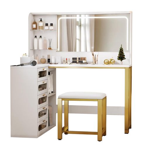 Coiffeuse Avec Tabouret, Miroir HD Et Lumières LED Réglables, Prise De Courant, 5 Tiroirs, Blanc