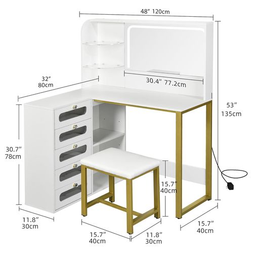 Coiffeuse Avec Tabouret, Miroir HD Et Lumières LED Réglables, Prise De Courant, 5 Tiroirs, Blanc