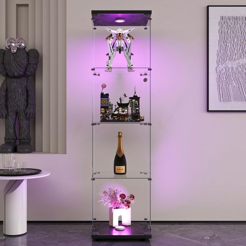 Vitrine En Verre 4 Étagères, LED, 1 Porte, 164x42x36 Cm, Meuble Pour Collection, Noir, Transparent