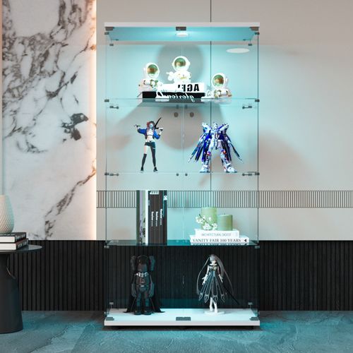 Vitrine En Verre Sur Pied, LED, 2 Portes Avec Serrure, 4 Compartiments, Pour Collections Et Déco