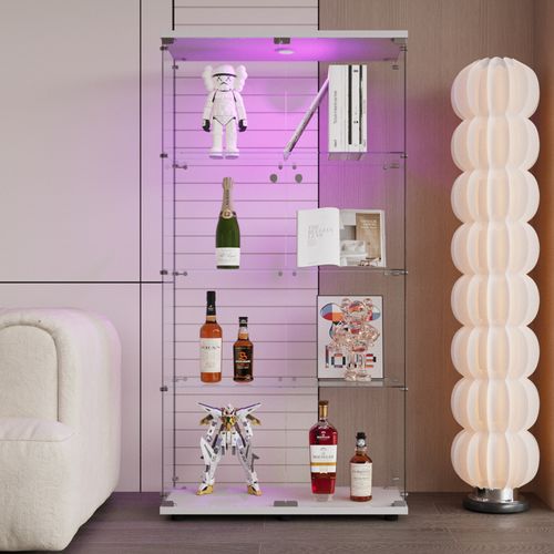 Vitrine En Verre Sur Pied, LED, 2 Portes Avec Serrure, 4 Compartiments, Pour Collections Et Déco