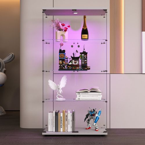 Vitrine En Verre Sur Pied, LED, 2 Portes Avec Serrure, 4 Compartiments, Pour Collections Et Déco