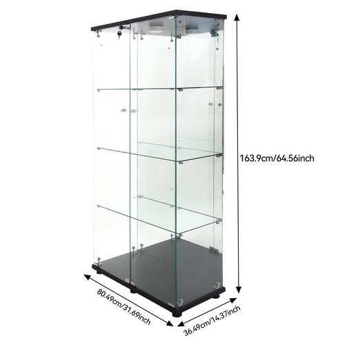 Vitrine En Verre Sur Pied, LED, 2 Portes Avec Serrure, 4 Compartiments, Pour Collections Et Déco