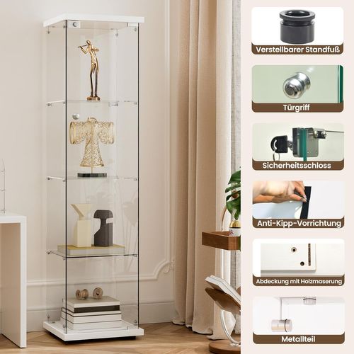 Vitrine En Verre 4 Étagères, 1 Porte, 164x42.5x36.5 Cm, Meuble Pour Collection, Blanc, Transparent