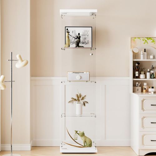 Vitrine En Verre 4 Étagères, 1 Porte, 164x42.5x36.5 Cm, Meuble Pour Collection, Blanc, Transparent