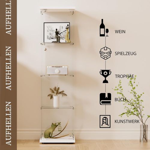 Vitrine En Verre 4 Étagères, 1 Porte, 164x42.5x36.5 Cm, Meuble Pour Collection, Blanc, Transparent