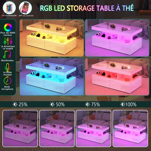 Table Basse LED Moderne, Brillante, Avec Rangement, 2 Tiroirs, 104x54x46 Cm, Blanc